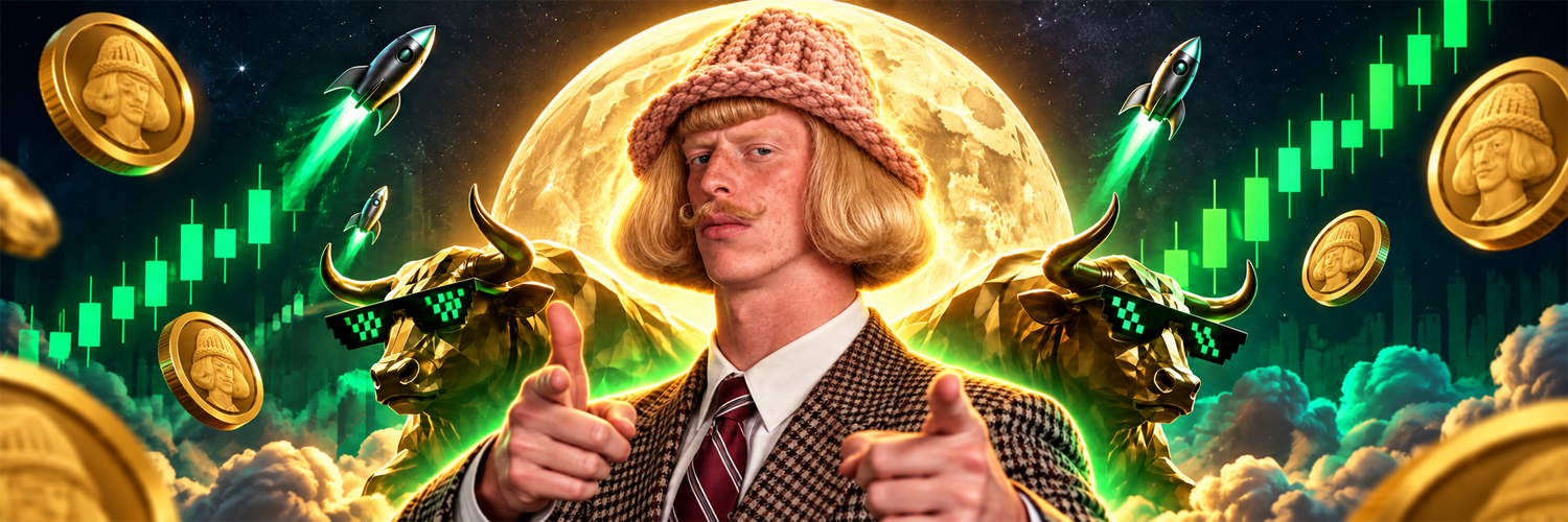 Jean Phil Wif Hat pointing at you under a gold moon, with bulls, rockets, and green candles