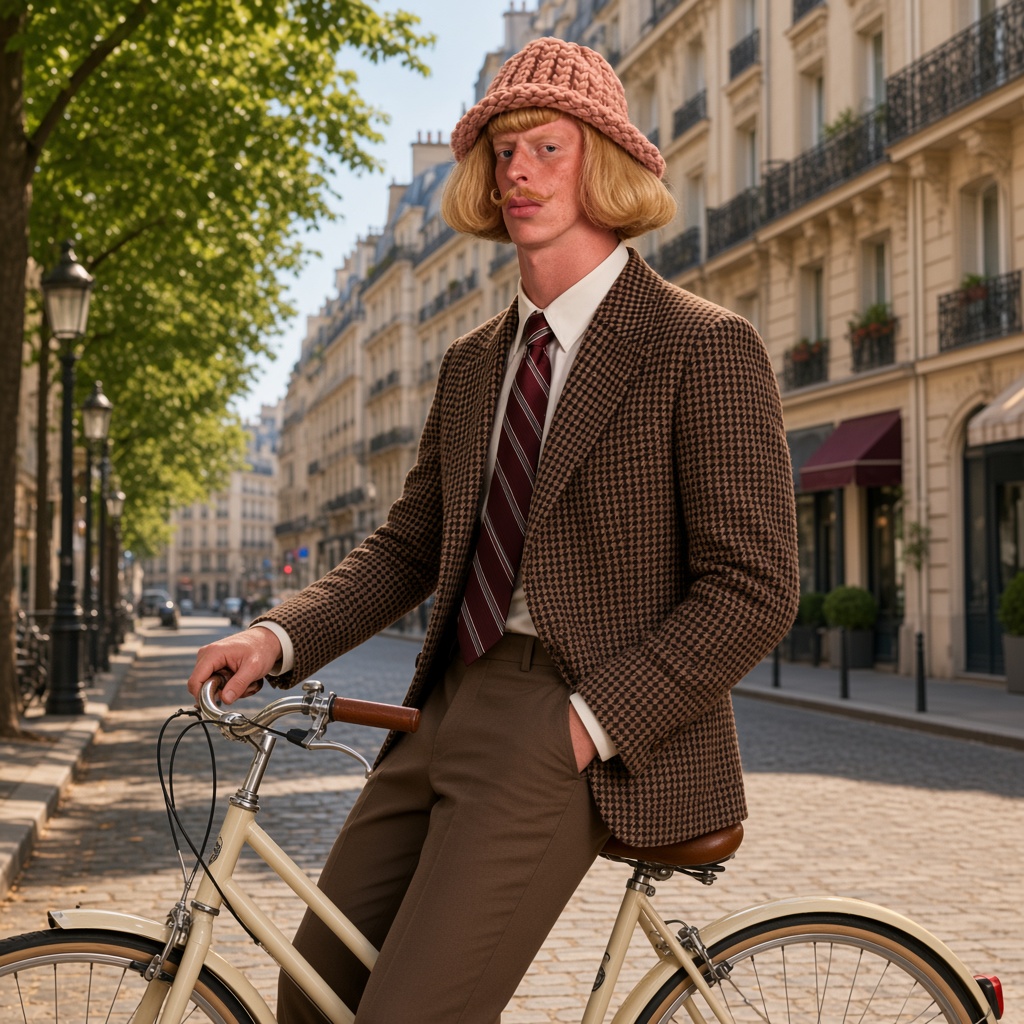 Jean Phil riding a bicycle in Paris, wif hat