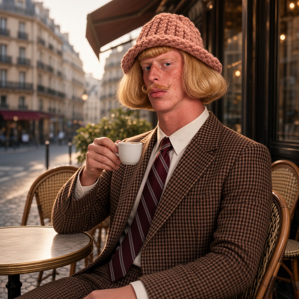 Jean Phil at a Paris cafe with espresso, wif hat
