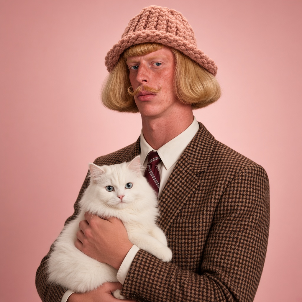 Jean Phil holding a cream cat, wif hat