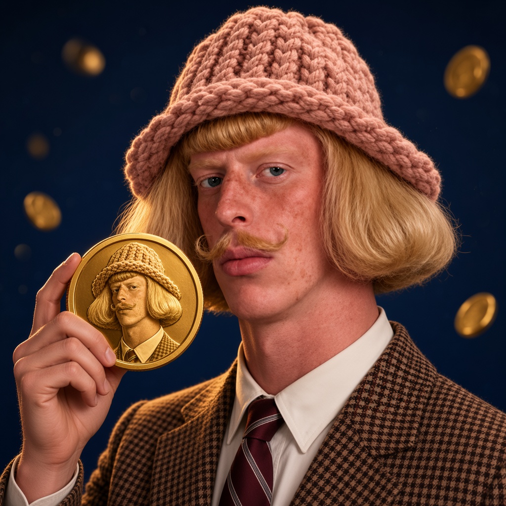 Jean Phil holding a gold coin of himself, wif hat