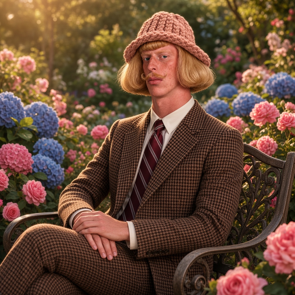 Jean Phil sitting in a rose garden, wif hat