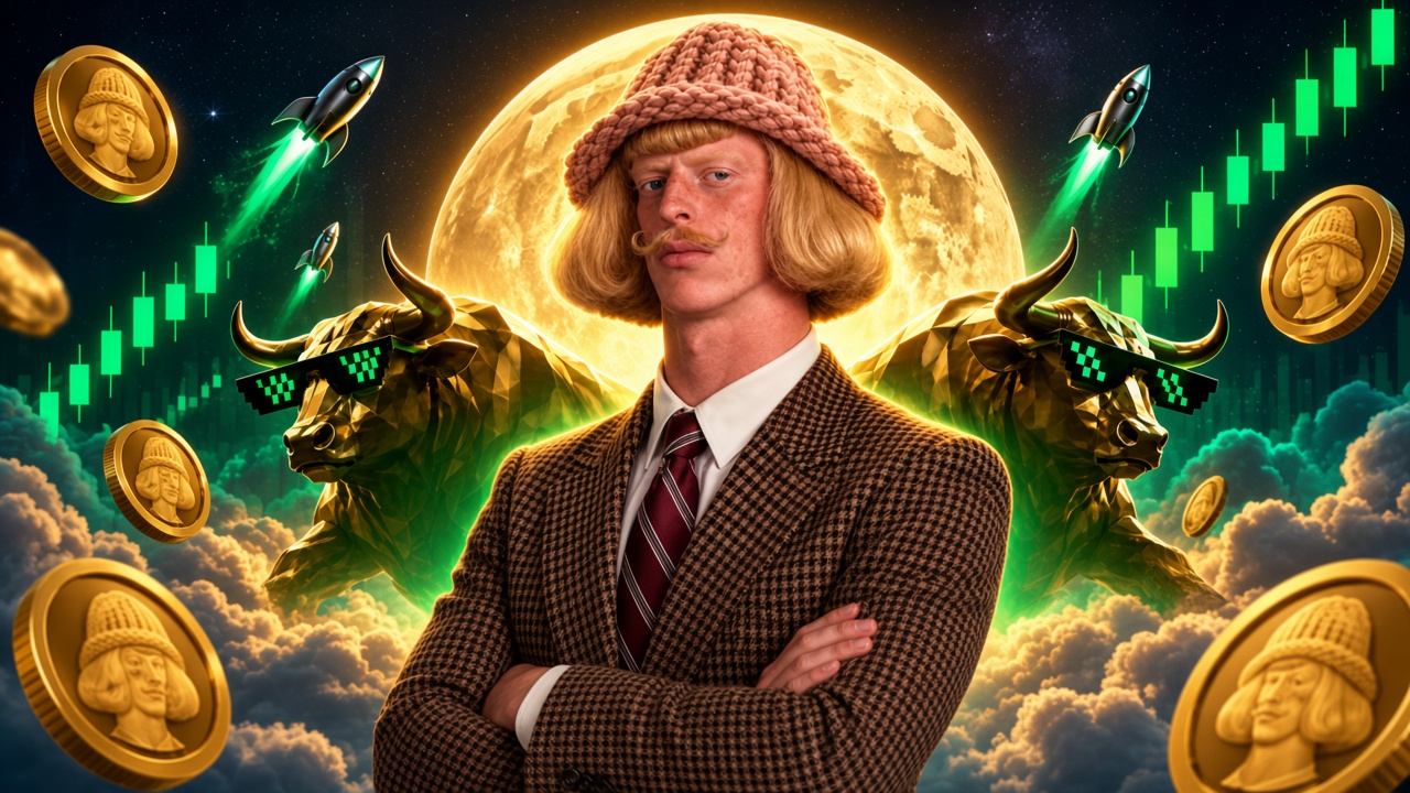 Jean Phil arms folded under a gold moon with bulls and rockets, wif hat