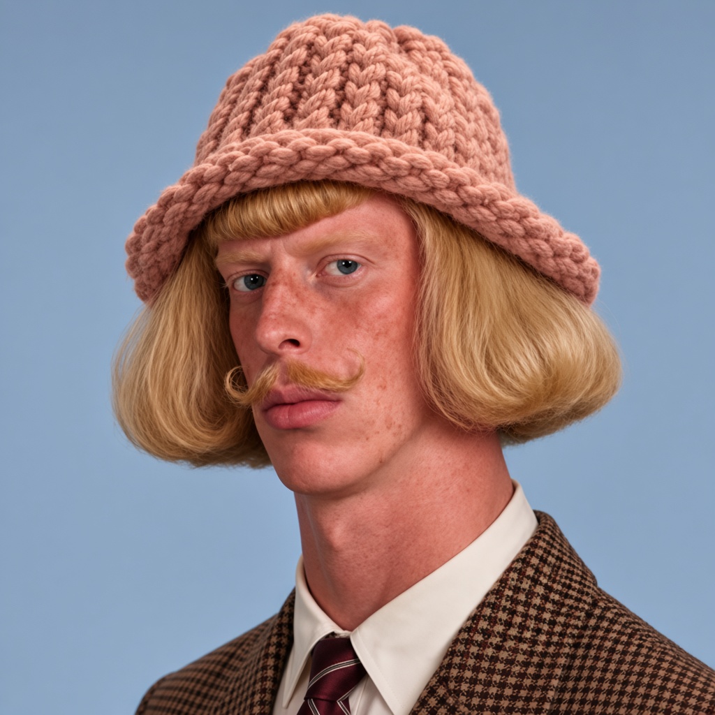 Jean Phil staring in studio, wif the pink knit hat