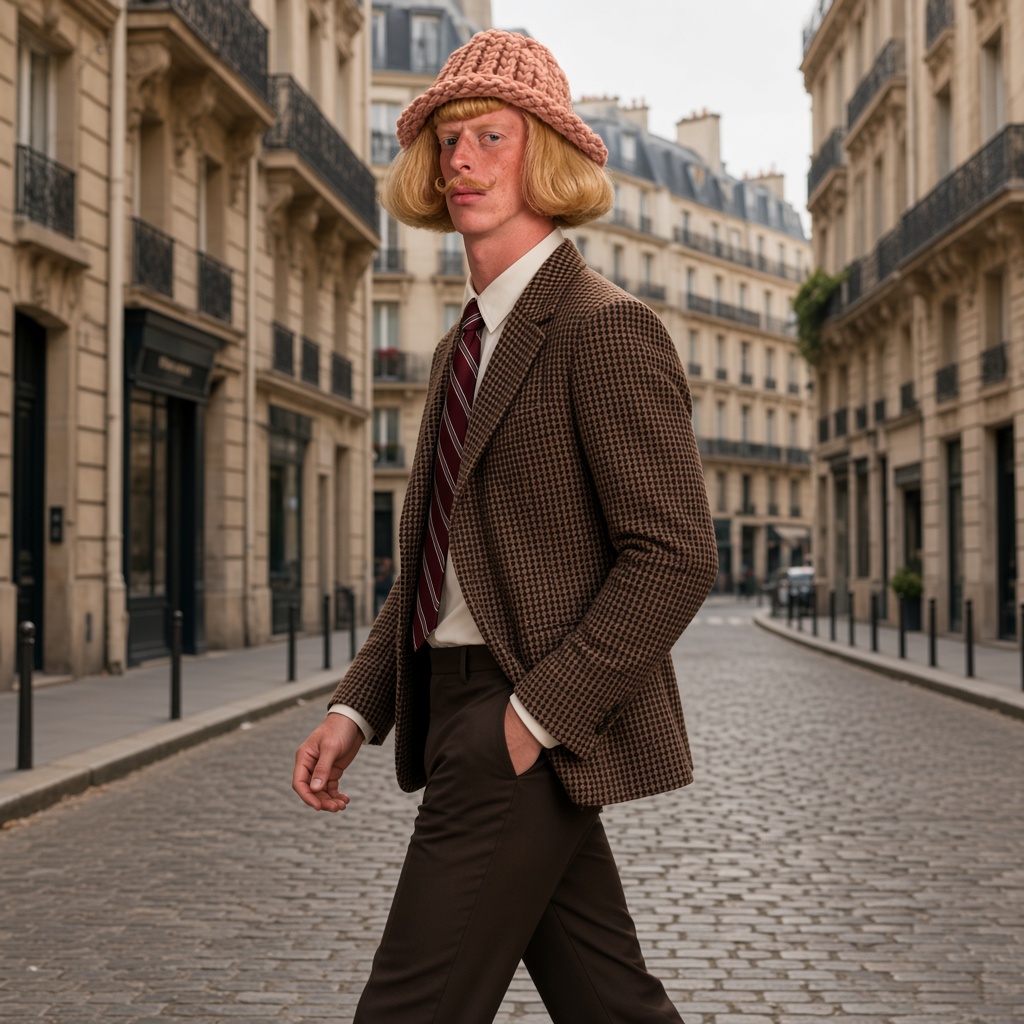 Jean Phil walking in Paris looking back, wif hat